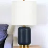 Homezia 15" Blue And Gold Ceramic Cylinder Table Lamp With White Drum Shade