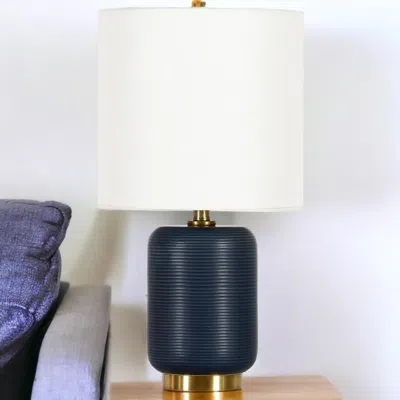 Homezia 15" Blue And Gold Ceramic Cylinder Table Lamp With White Drum Shade