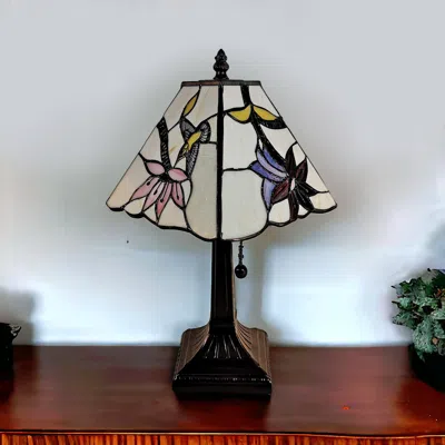 Homezia 15" Dark Brown Candlestick Table Lamp With Ivory And Red Birds Novelty Shade