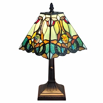 Homezia 15" Dark Brown Metal Candlestick Table Lamp With Green And Black Shade