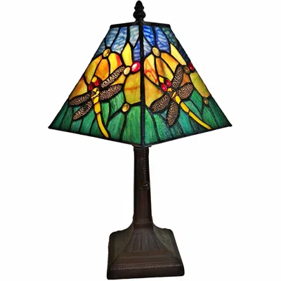 Homezia 15" Dark Brown Metal Candlestick Table Lamp With Green Empire Shade In Black