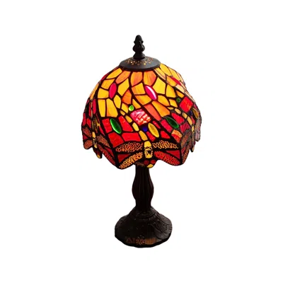 Homezia 15" Dark Brown Metal Candlestick Table Lamp With Red And Black Novelty Shade