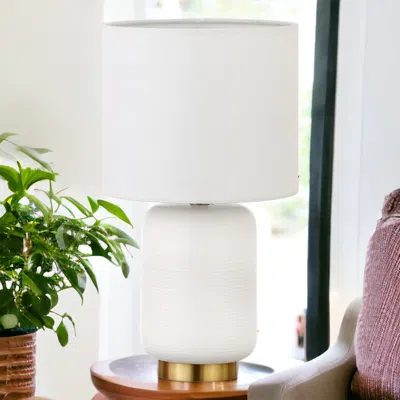 Homezia 15" Gold And White Ceramic Cylinder Table Lamp With White Drum Shade