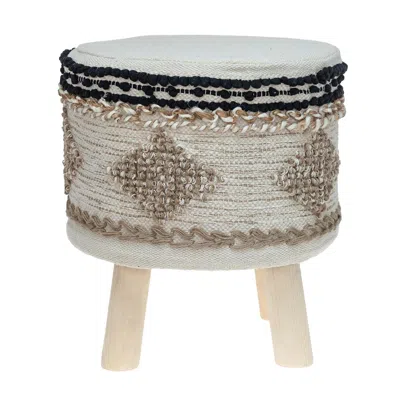 Homezia 16" Beige Jute And Brown Round Abstract Ottoman In White