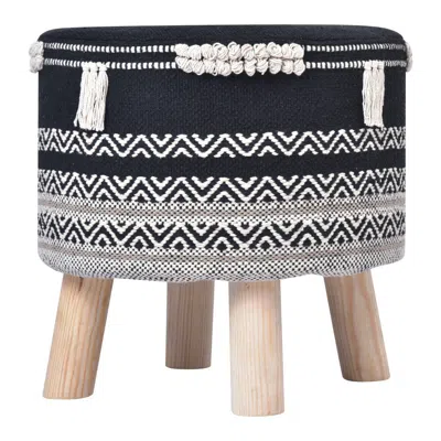 Homezia 16" Black And White Cotton And Natural Round Chevron Ottoman