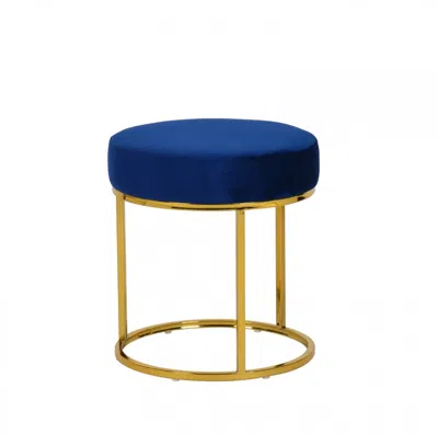 Homezia 16" Blue Velvet And Gold Round Footstool Ottoman