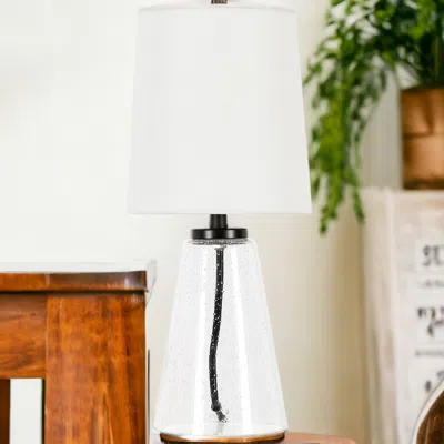 Homezia 16" Clear Glass Geometric Table Lamp With White Drum Shade