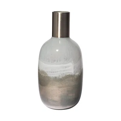 Homezia 16" Cream And Brown Ombre Glass Vase With Dark Bronze Top