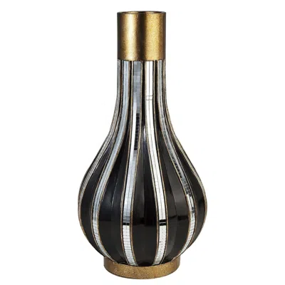 Homezia 16" Polyresin Gold And Black Striped Round Urn