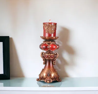 Homezia 16" Tall Red And Brown Faux Marble Candle Holder With Candle