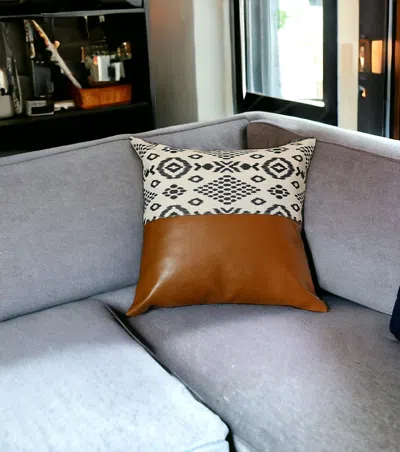 Homezia 17" Brown And White Geometric Faux Leather Throw Pillow Cover