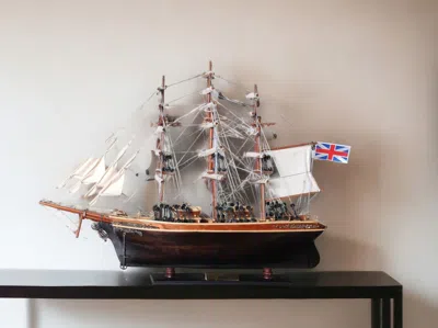 Homezia 17" Brown Wood And Metal Hand Painted Cutty Sark Model Boat Tabletop Sculpture
