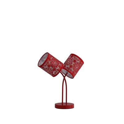 Homezia 17" Red Metal Two Light Table Lamp With Red Abstract Drum Shade