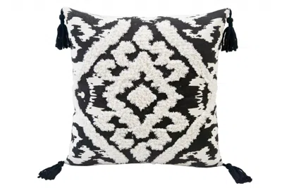Homezia 17" X 17" Black And White Textural Geometric Throw Pillow With Tassels