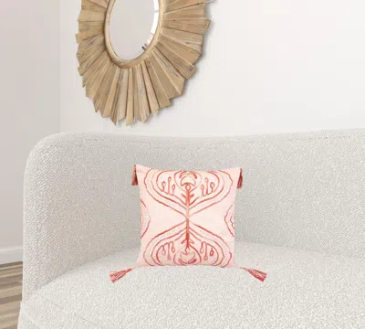 Homezia 17" X 17" Coral Damask Zippered Polyester Throw Pillow With Tassels