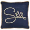 Homezia 17" X 17" Navy Blue And Brown Text Zippered Polyester And Burlap Blend Throw Pillow With Embroidery