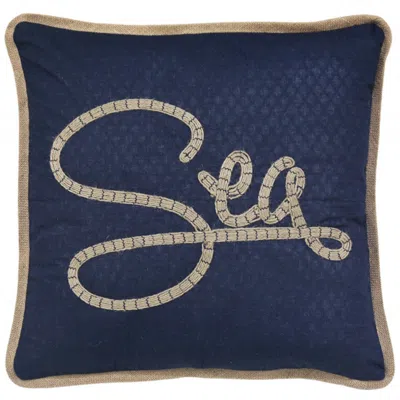 Homezia 17" X 17" Navy Blue And Brown Text Zippered Polyester And Burlap Blend Throw Pillow With Embroidery