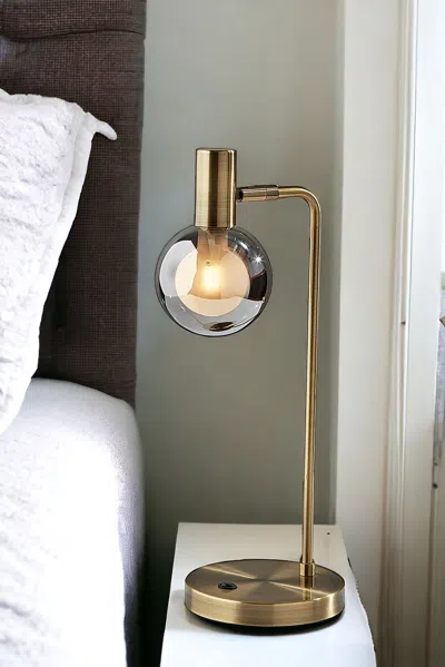 Homezia 18" Antiqued Brass Metal Cylinder Desk Table Lamp With Gray Globe Shade With Starling Led Bulb In Gold