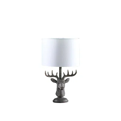 Homezia 18" Antiqued Bronzed Stag Bust Table Lamp With White Drum Shade In Black