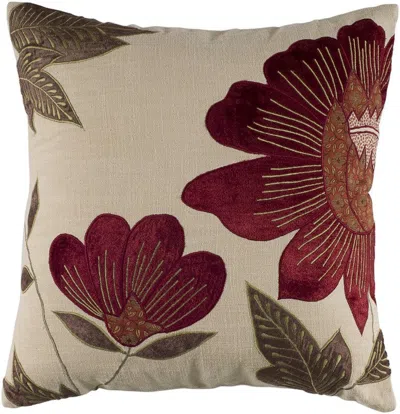 Homezia 18" Beige And Red Floral Throw Pillow With Embroidery