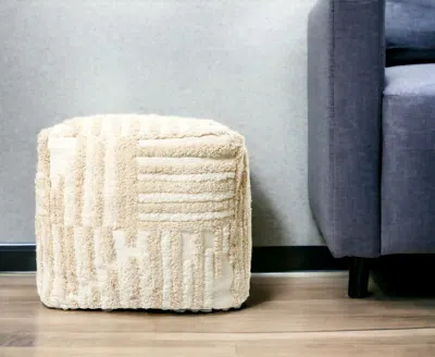 Homezia 18" Beige Cotton Cube Striped Pouf Ottoman