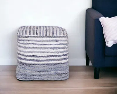 Homezia 18" Blue Cotton Cube Striped Pouf Ottoman
