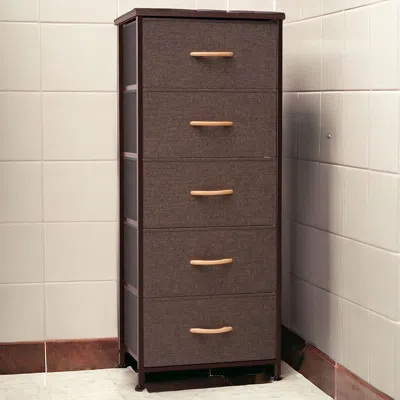 Homezia 18" Brown Steel And Fabric Five Drawer Chest