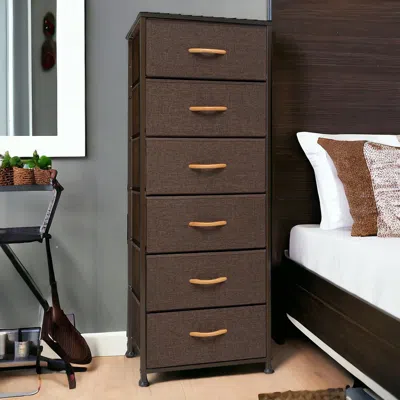 Homezia 18" Brown Steel And Fabric Six Drawer Chest