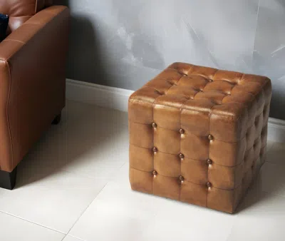 Homezia 18" Brown Tufted Leather Vintage Style Cube Ottoman