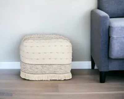 Homezia 18" Cream Cotton Striped Pouf Ottoman