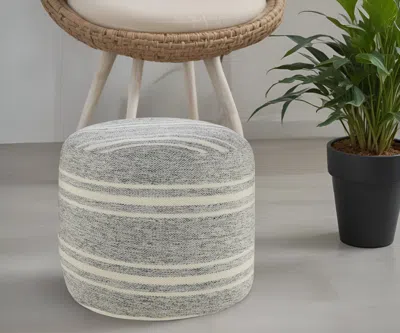 Homezia 18" Gray Polyester Round Striped Indoor Outdoor Pouf Ottoman