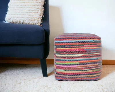 Homezia 18" Red Cotton Cube Striped Pouf Ottoman In Pattern