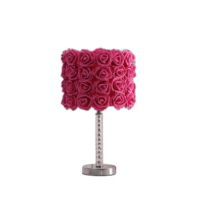 Homezia 18" Silver Bedside Led Table Lamp With Red Flowers Drum Shade