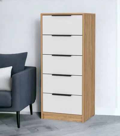 Homezia 18" White And Natural Five Drawer Standard Chest