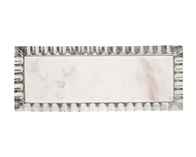 Homezia 18" White And Silver Rectangular Marble Serving Tray In Multi