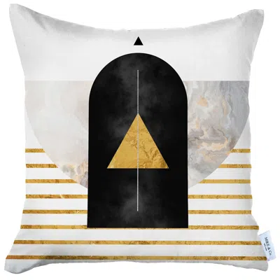 Homezia 18" X 18" Black And Yellow Abstract Zippered Handmade Polyester Throw Pillow Cover In White