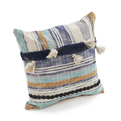 Homezia 18" X 18" Blue And Beige Patchwork Cotton Zippered Pillow With Tassels