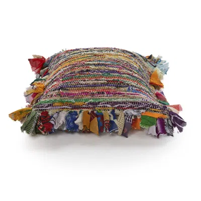 Homezia 18" X 18" Blue And Red Weave Zippered Pillow With Fringe