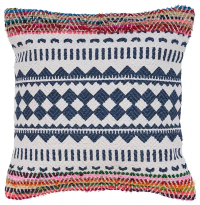 Homezia 18" X 18" Blue White Red And Yellow 100% Cotton Striped Zippered Pillow