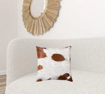Homezia 18" X 18" X 5" White And Brown Cowhide Pillow