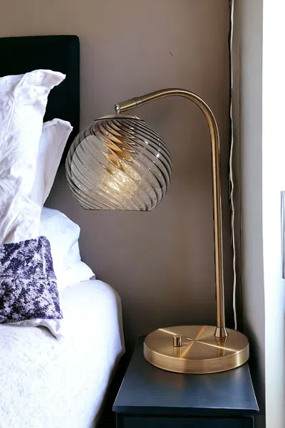 Homezia 19" Antiqued Brass Metal Cylinder Desk Table Lamp With Gray Swirl Globe Shade In Blue