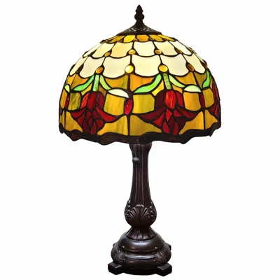 Homezia 19" Dark Brown Metal Candlestick Table Lamp With Orange Dome Shade In Black
