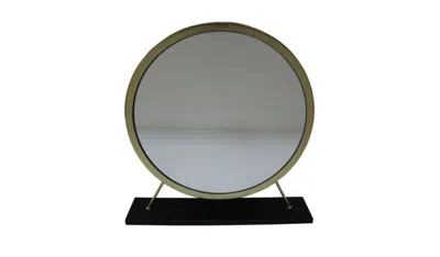 Homezia 19" Faux Fur, Mirror, Black & Brass Finish Round Makeup Shaving Tabletop Mirror