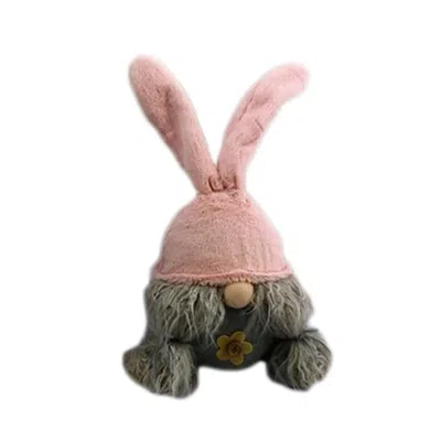 Homezia 19" Gray And Pink Fabric Bunny Ears Standing Gnome