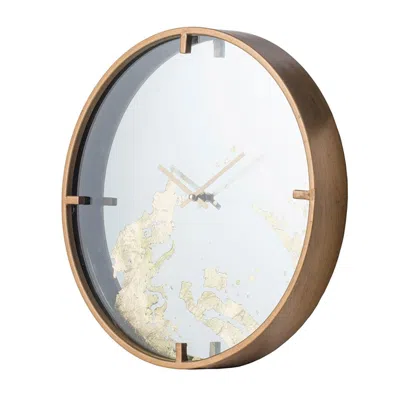 Homezia 2" Round Gold And White Wood Analog Wall Clock In Brown