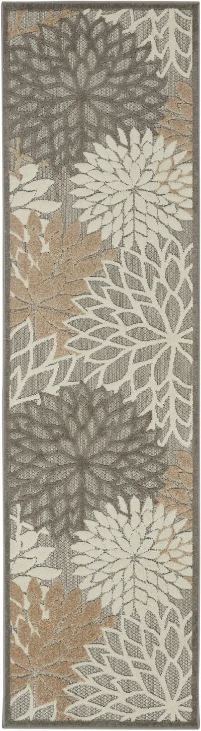 Homezia 2' X 10' Gray And Ivory Floral Indoor Outdoor Area Rug