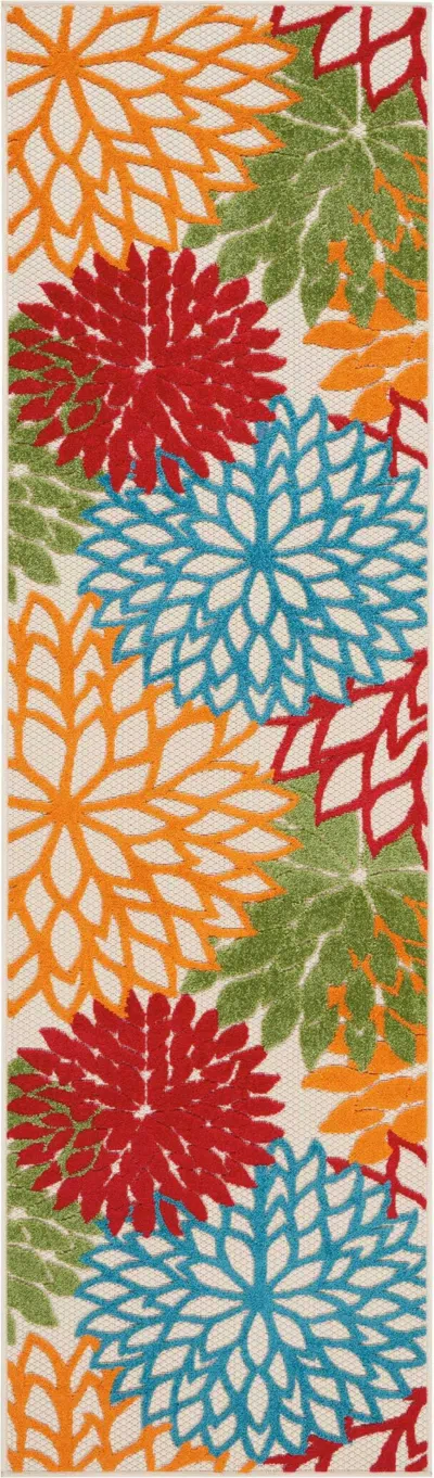 Homezia 2' X 8' Green And Ivory Floral Indoor Outdoor Area Rug In Multi