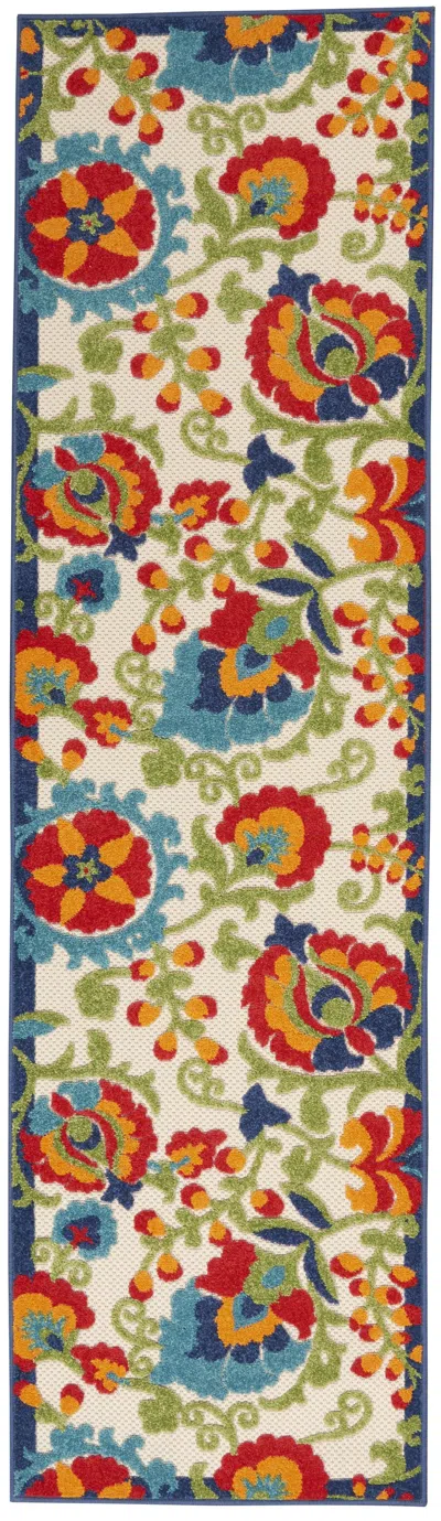 Homezia 2' X 8' Green And Ivory Floral Indoor Outdoor Area Rug In Multi