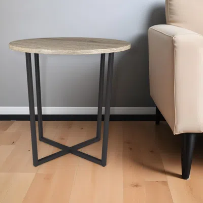 Homezia 20" Black And Gray Wood And Steel Round End Table In Brown