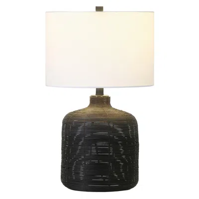 Homezia 20" Black Rattan Table Lamp With White Drum Shade In Brown